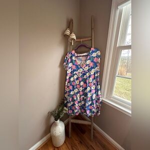 Chic Soul Blue Floral Scoop-Neck Dress with Pink and White Flowers